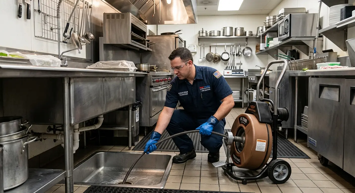 Commercial drain cleaning service in a restaurant kitchen in Weston