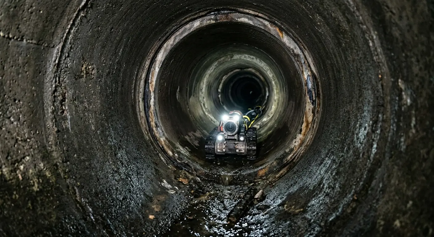 Robotic sewer camera inspecting pipe interior for Sewer Line Cleaning in Weston