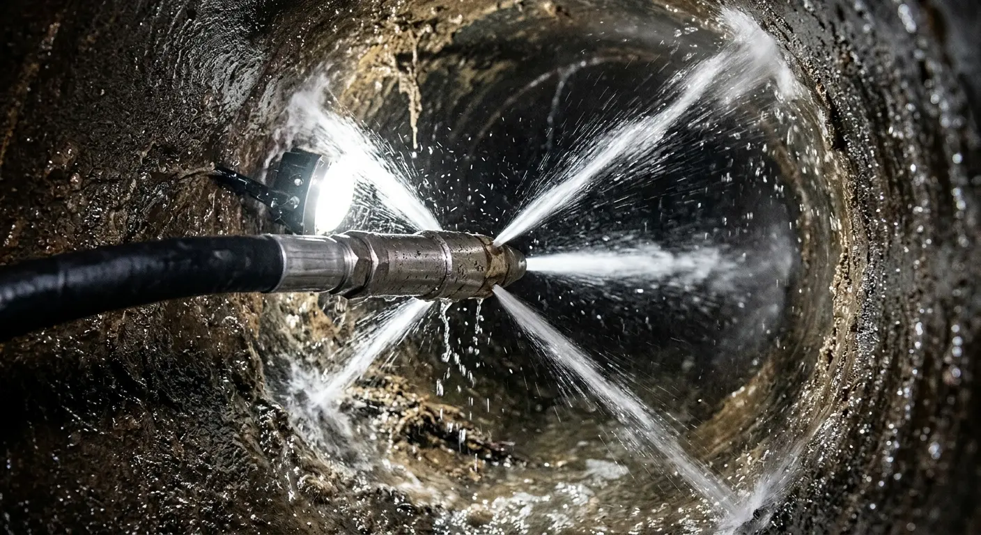 High-pressure hydro jetting nozzle cleaning sewer pipe for Emergency Drain Service in Weston