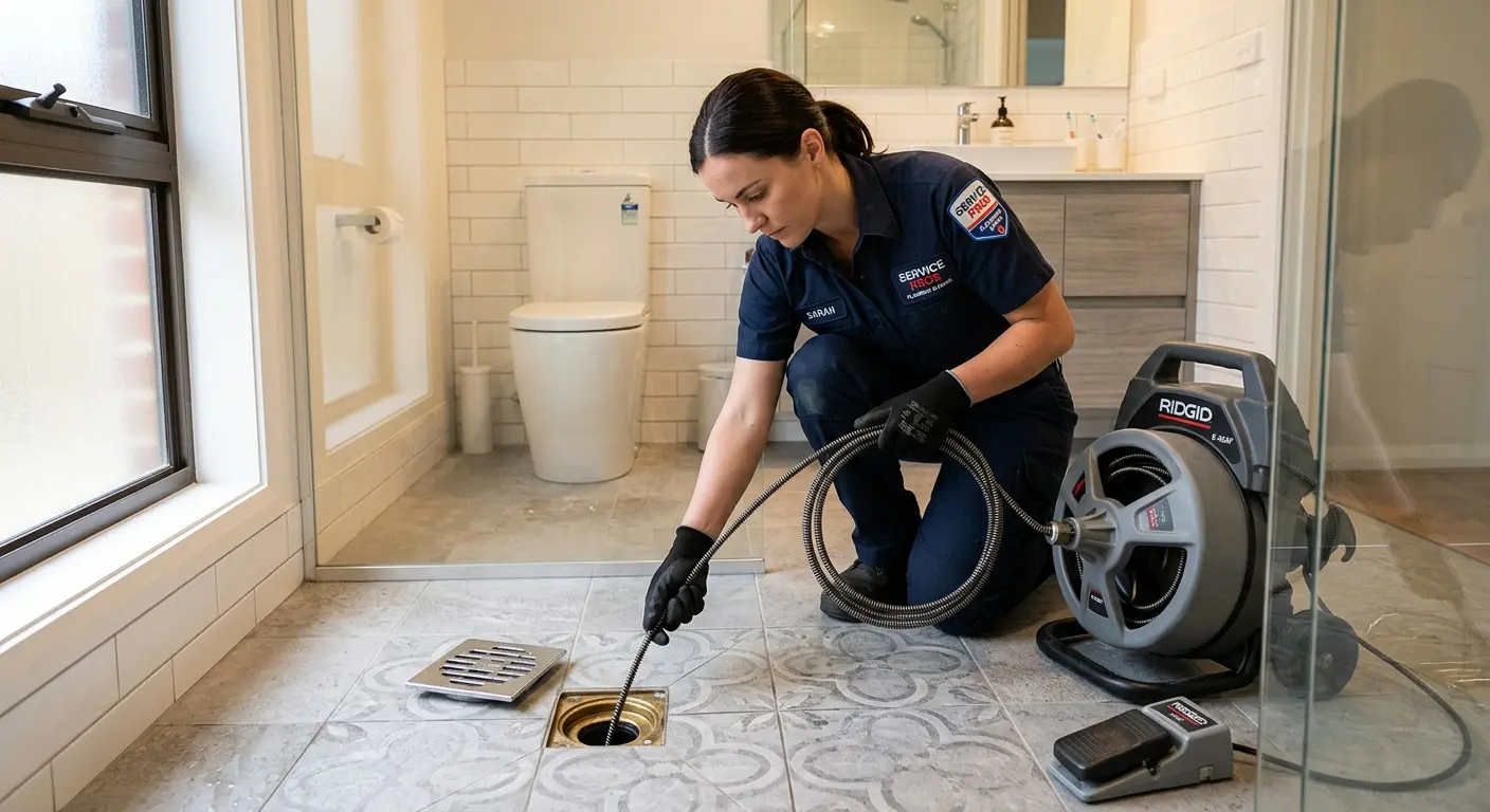 Technician clearing a bathroom floor drain for Drain Cleaning in Weston